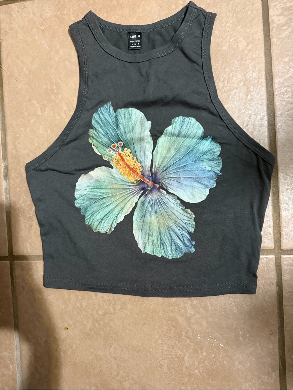 SHEIN Black Tank Top with Blue-Green Hibiscus Print